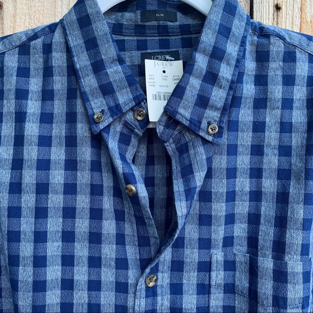 J. CREW Blue Jaspé Cotton Shirt in Gingham SLIM